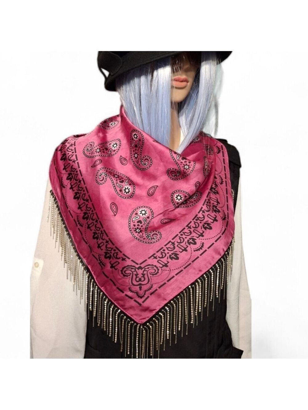 Pink Paisley Satin Chain and Rhinestone Fringe Bandana Scarf - Women Accessories